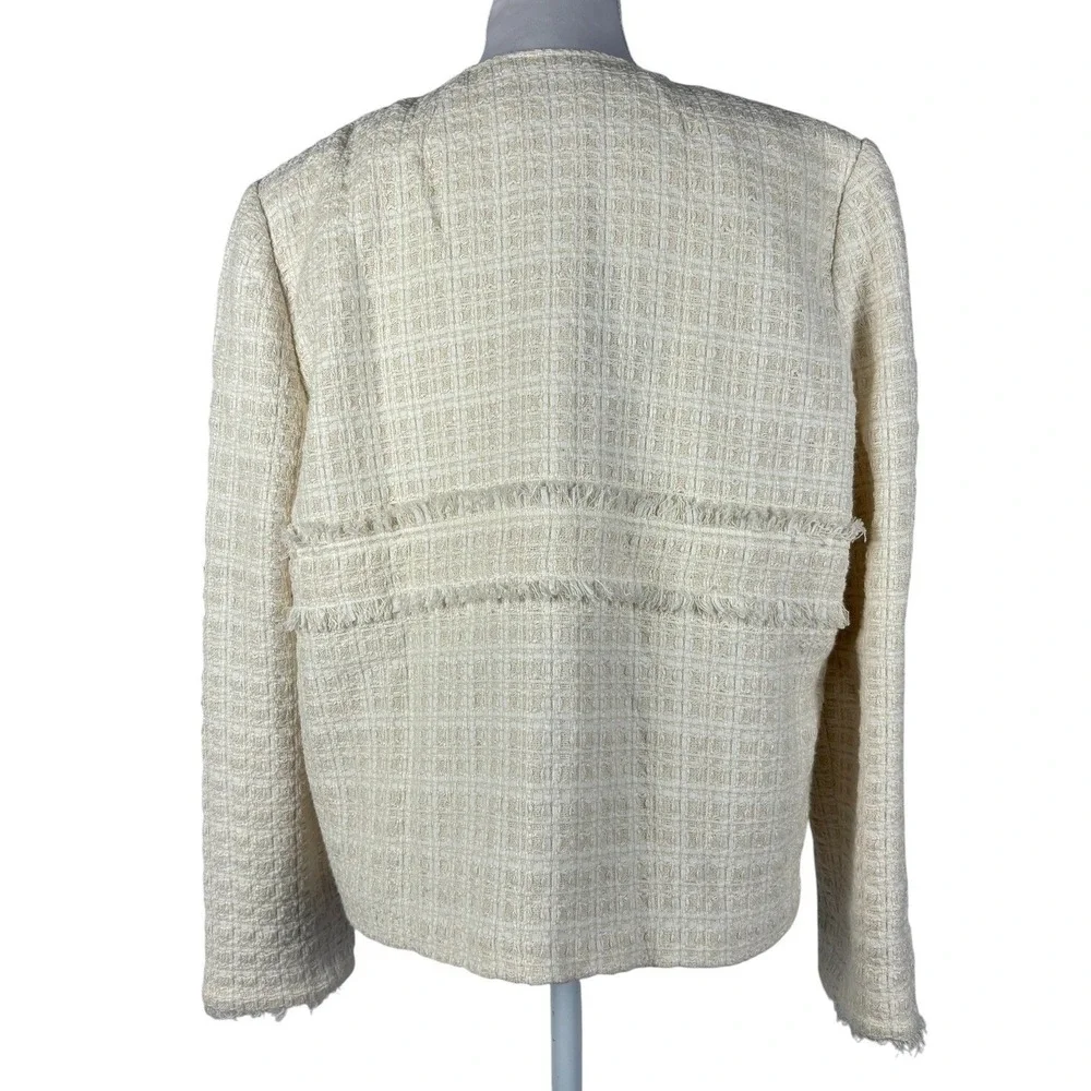 St John Tweed Knit Blazer Jacket Womens 14 Ecru‎ Ivory Fringe Beaded Luxury NWT